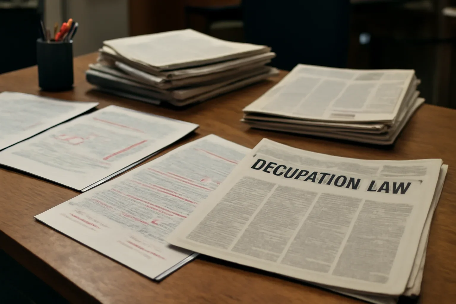 Editorial workspace with annotated documents and newspapers prepared for occupation law
