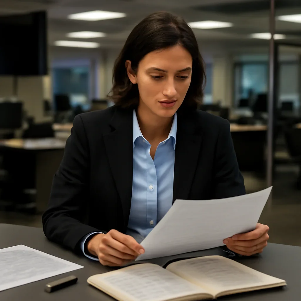 Reporter reviewing source material and timeline notes related to occupation law