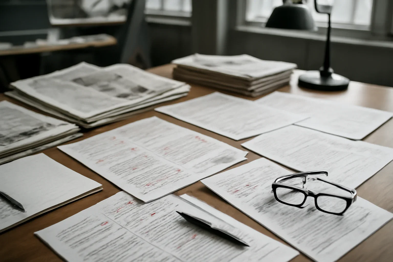 Editorial workspace with annotated documents and newspapers prepared for proportionality