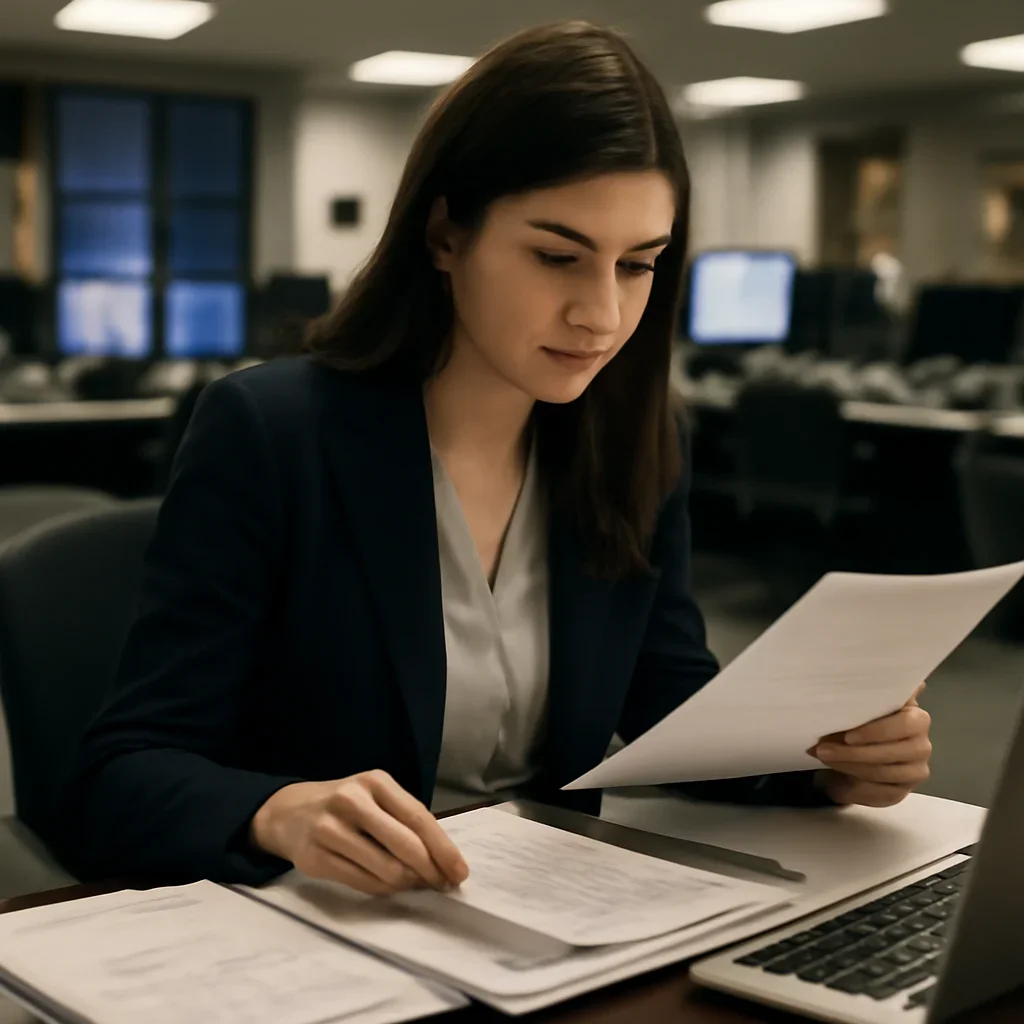 Reporter reviewing source material and timeline notes related to proportionality