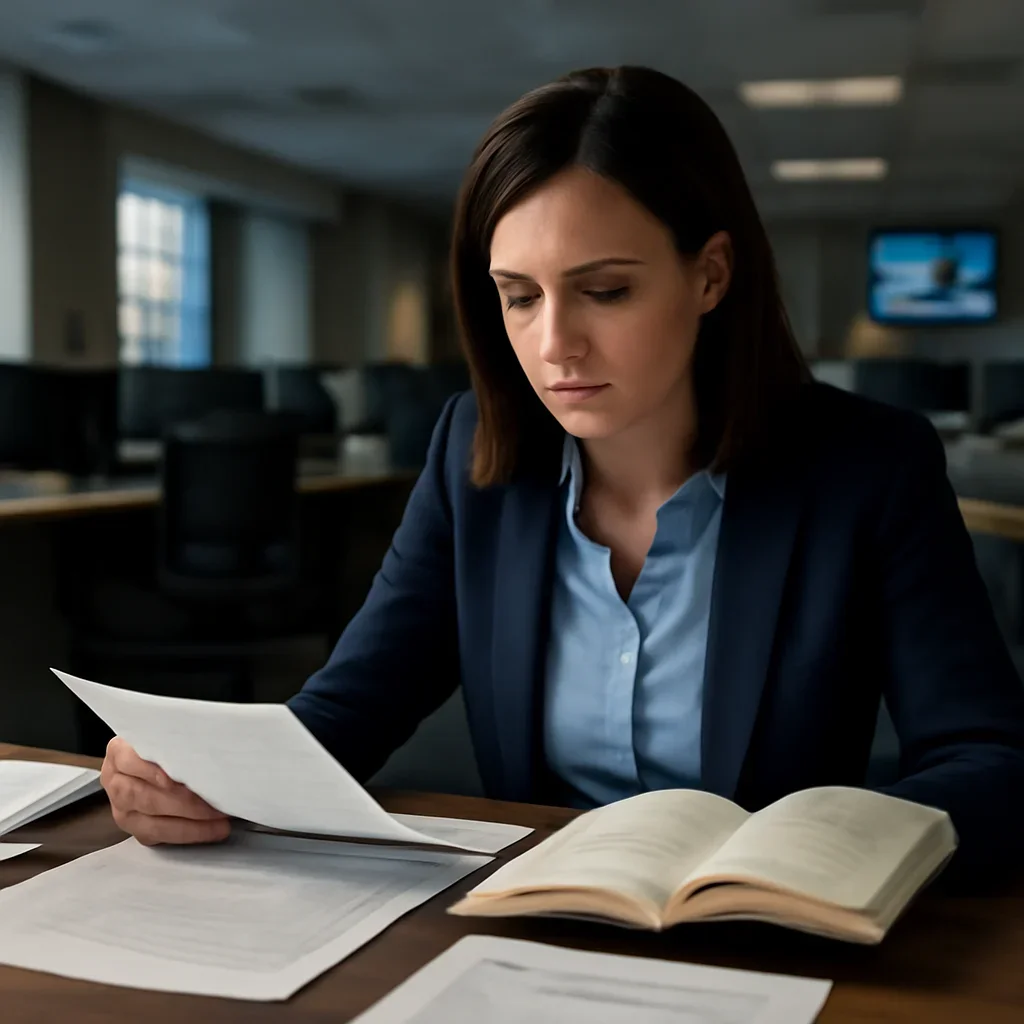 Reporter reviewing source material and timeline notes related to glossary