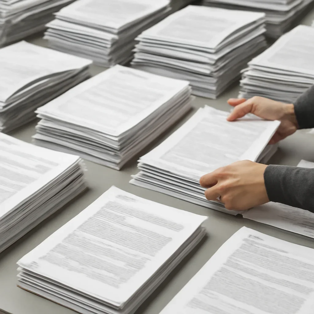 Hands sorting printed filings and archived reports across a large reference table