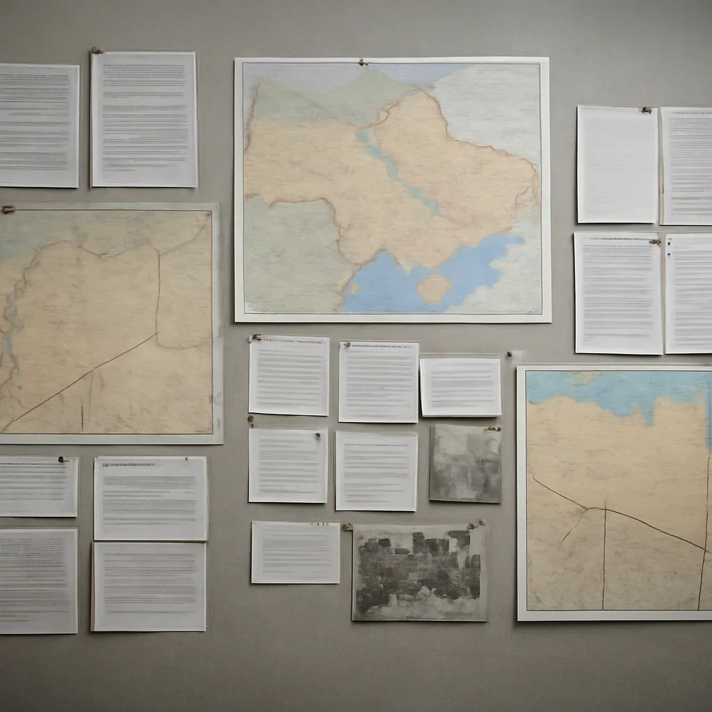 Pinned country maps, case notes, and timeline cards arranged on a wall for long-term conflict coverage