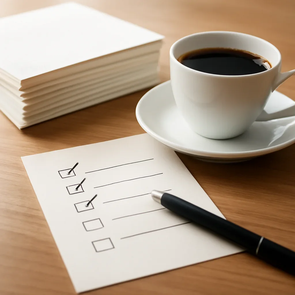 Weekly briefing papers stacked beside a coffee cup and marked reading list ready for a subscriber roundup