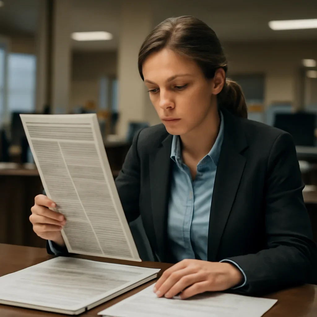 Reporter reviewing a column of court updates beside annotated briefing papers in a quiet newsroom