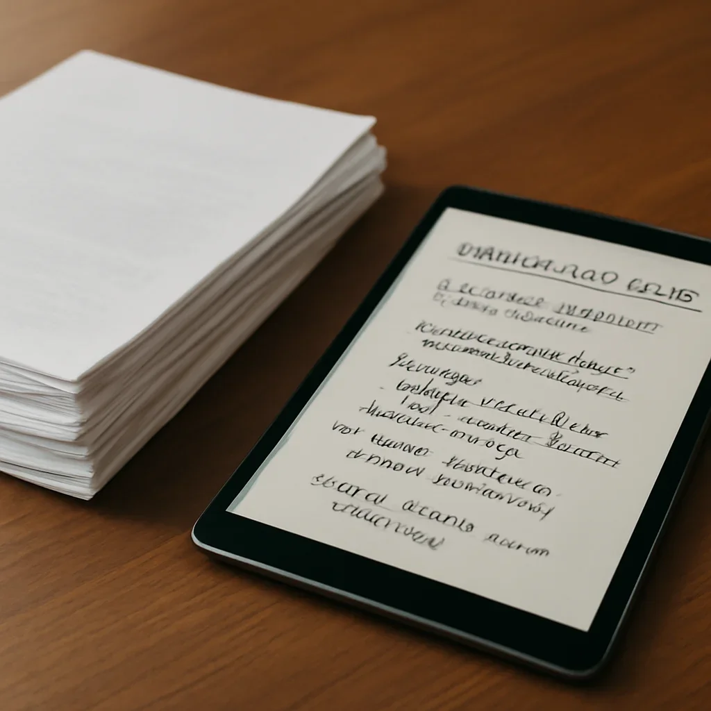 Stack of printed briefings and a tablet displaying archival notes for how icc cases work