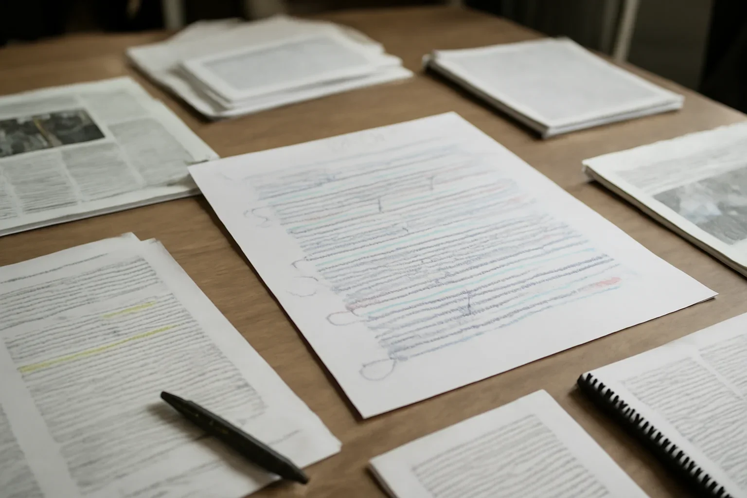 Editorial workspace with annotated documents and newspapers prepared for how icc cases work