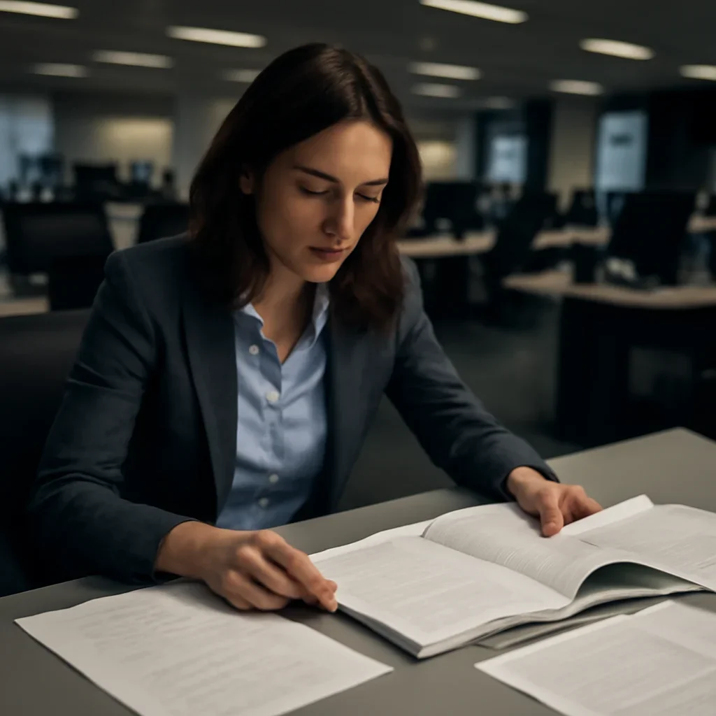 Reporter reviewing source material and timeline notes related to how icc cases work