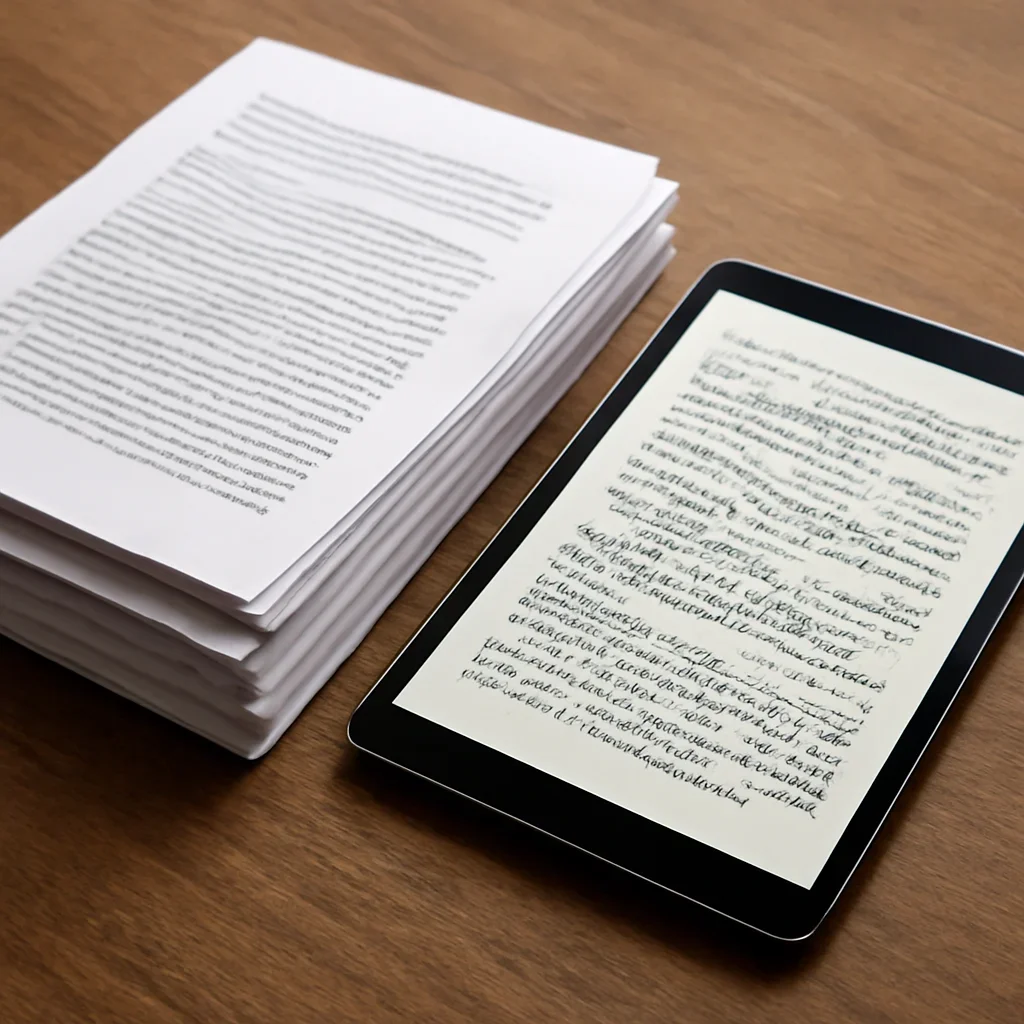 Stack of printed briefings and a tablet displaying archival notes for how war crimes are investigated