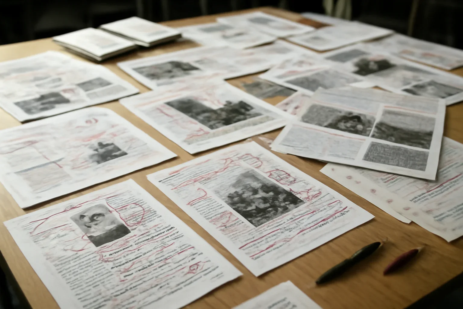 Editorial workspace with annotated documents and newspapers prepared for how war crimes are investigated