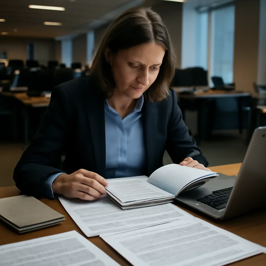 Reporter reviewing source material and timeline notes related to how war crimes are investigated
