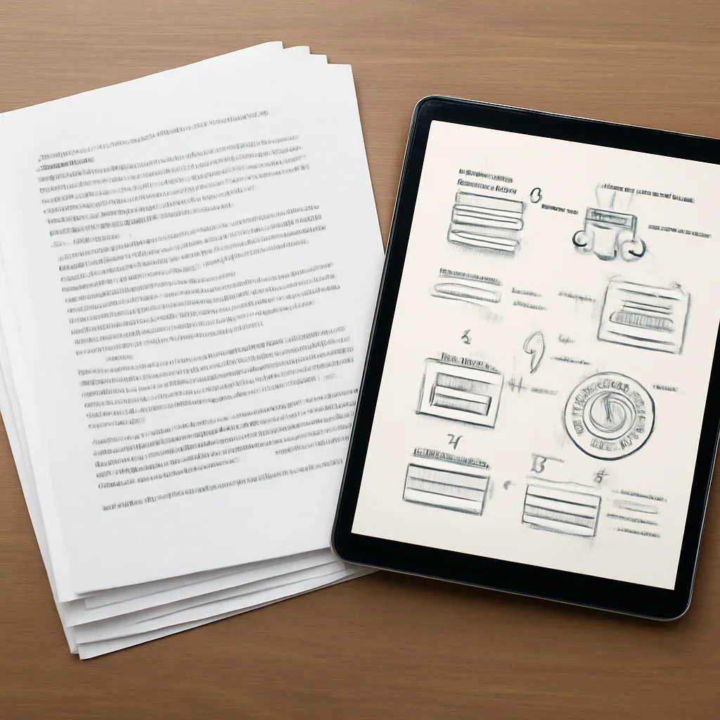 Stack of printed briefings and a tablet displaying archival notes for connections to official courts, un bodies, and humanitarian law resources