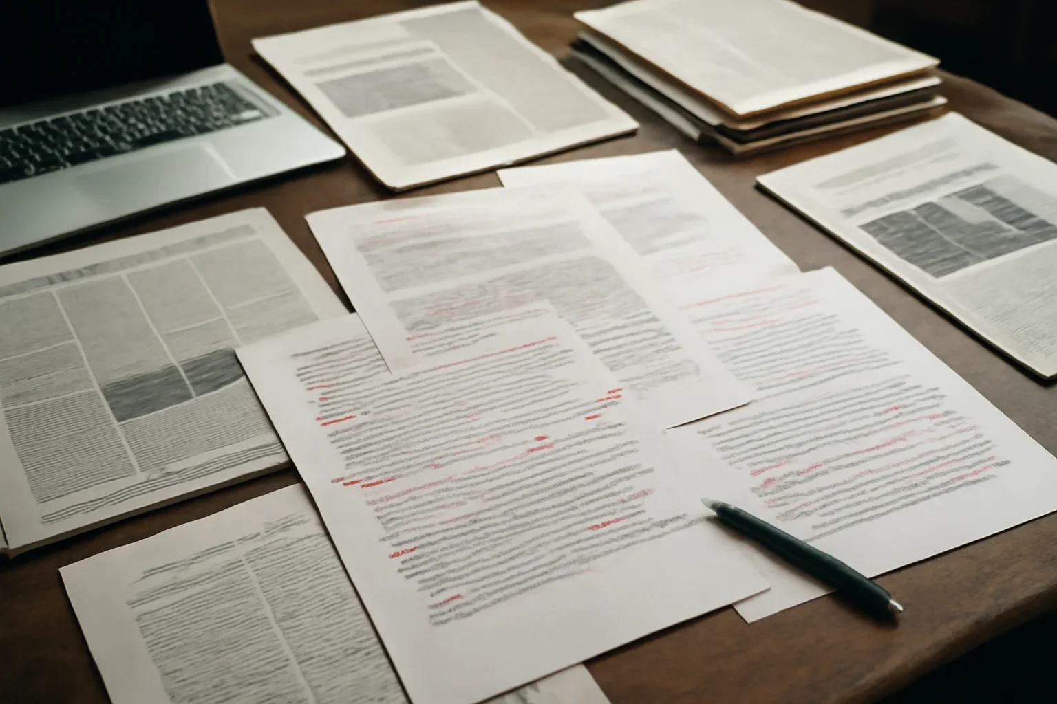 Editorial workspace with annotated documents and newspapers prepared for connections to official courts, un bodies, and humanitarian law resources