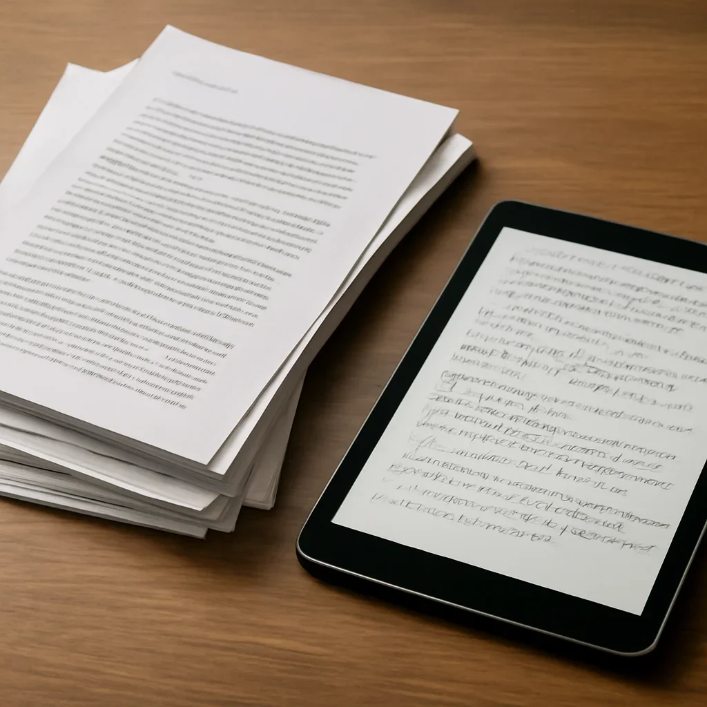 Stack of printed briefings and a tablet displaying archival notes for icc integration