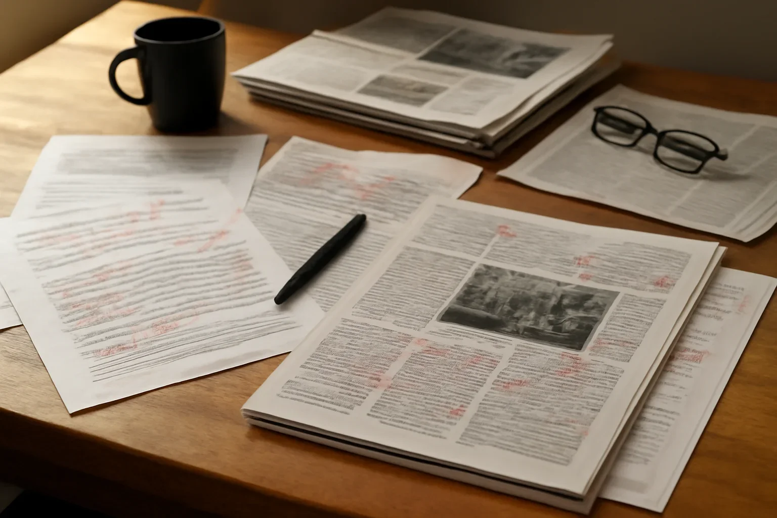 Editorial workspace with annotated documents and newspapers prepared for icc integration