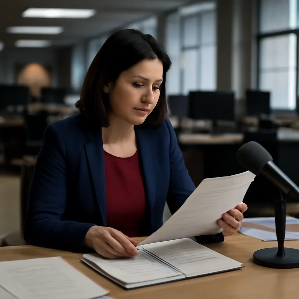 Reporter reviewing source material and timeline notes related to icc integration