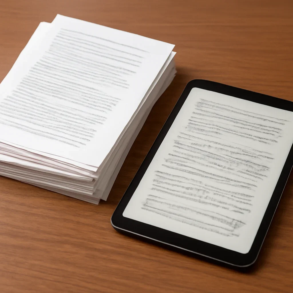 Stack of printed briefings and a tablet displaying archival notes for icrc integration