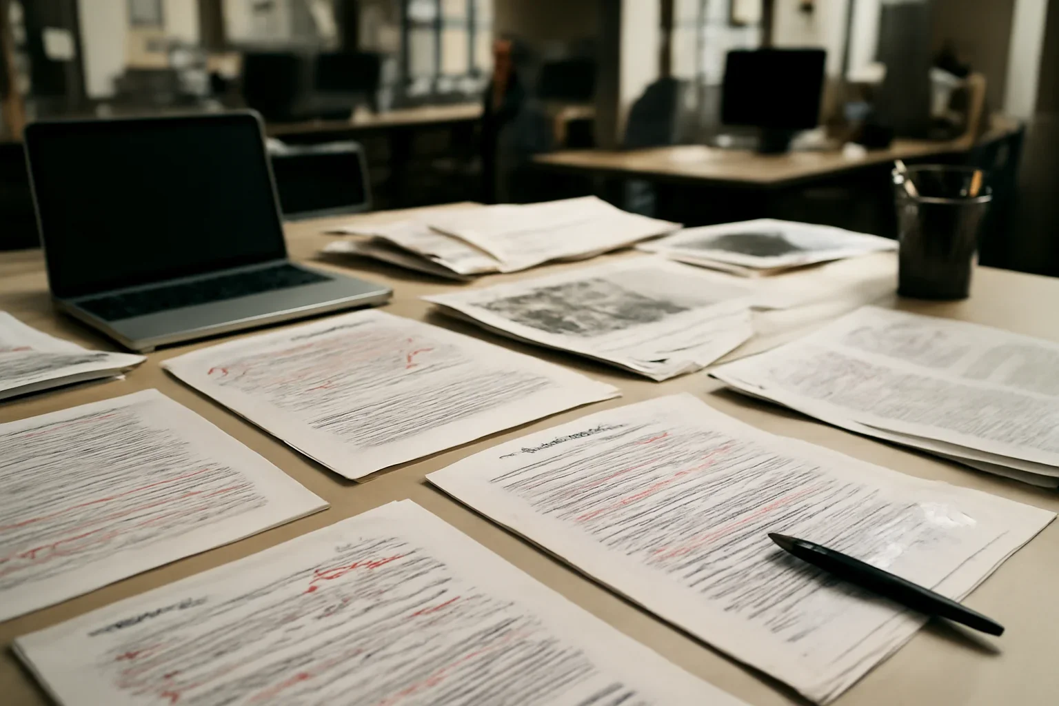 Editorial workspace with annotated documents and newspapers prepared for icrc integration