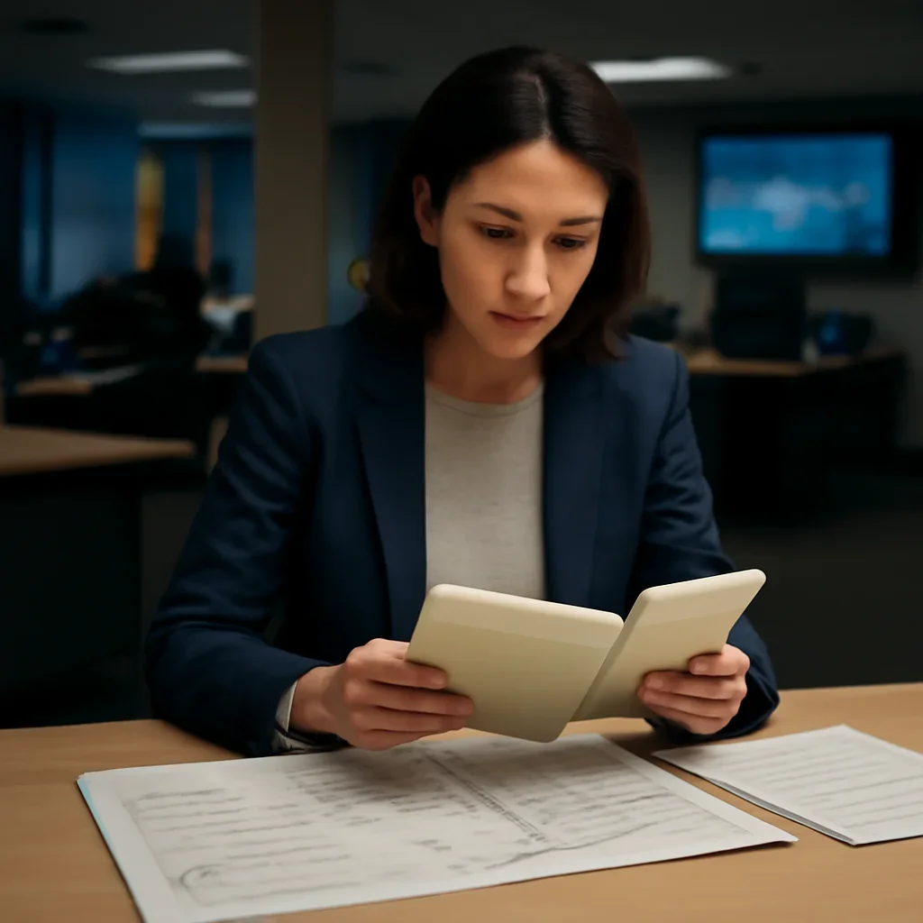 Reporter reviewing source material and timeline notes related to icrc integration