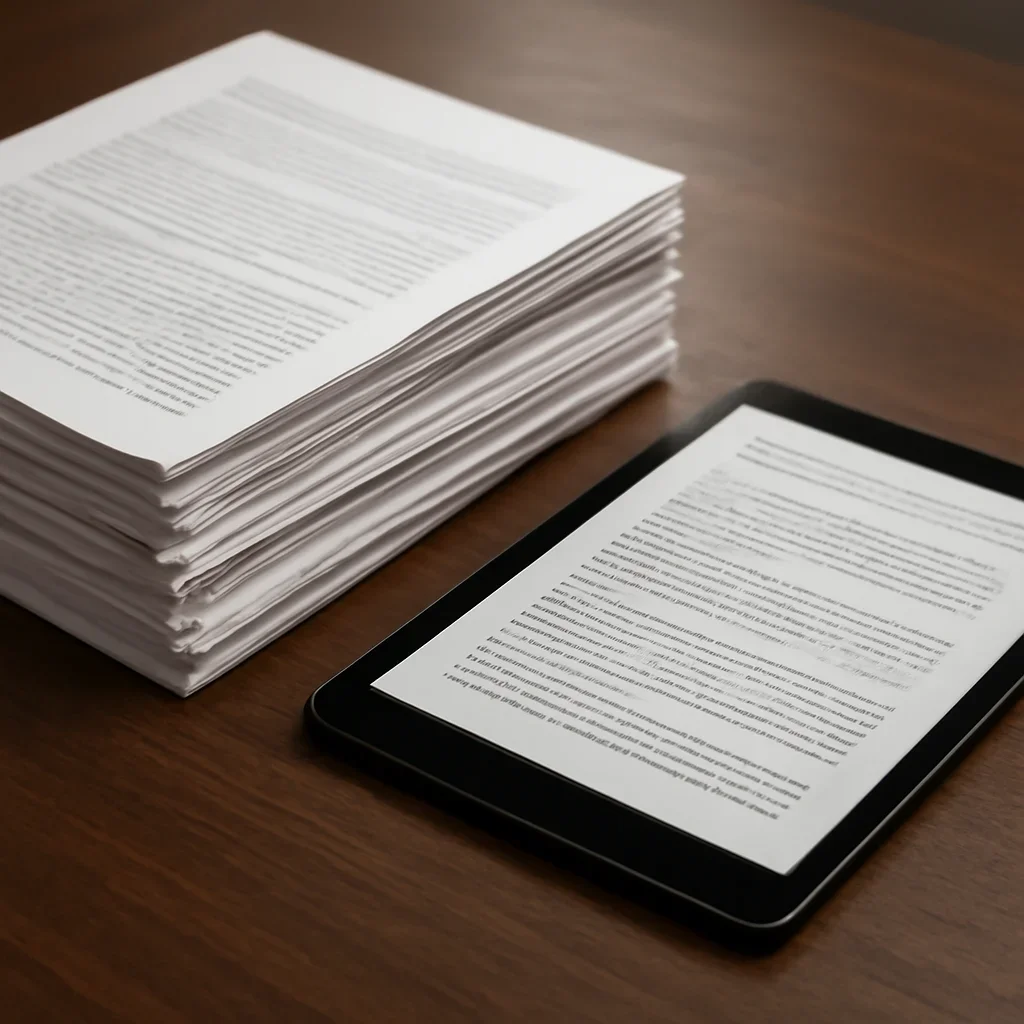 Stack of printed briefings and a tablet displaying archival notes for ohchr integration