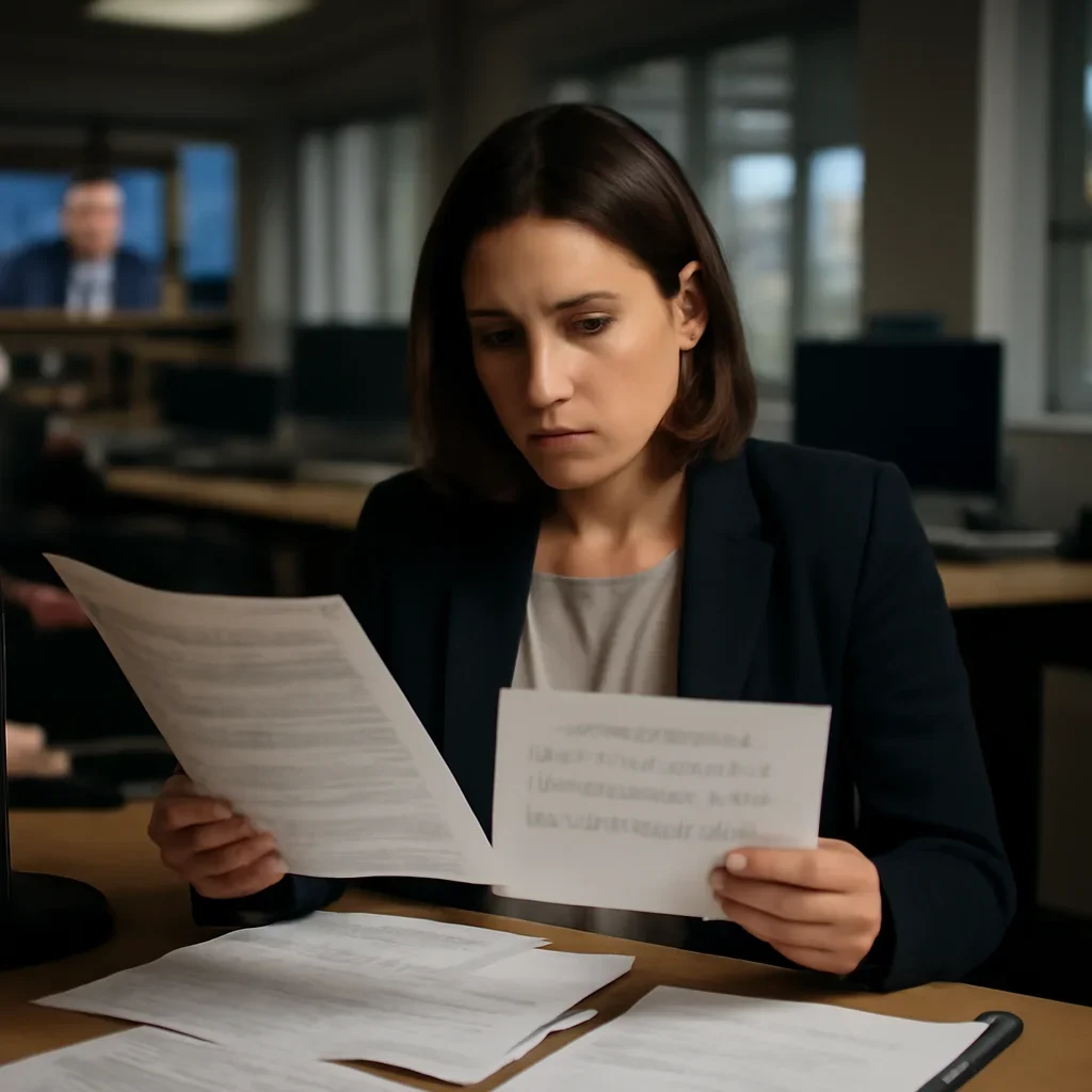 Reporter reviewing source material and timeline notes related to connections to official courts, un bodies, and humanitarian law resources