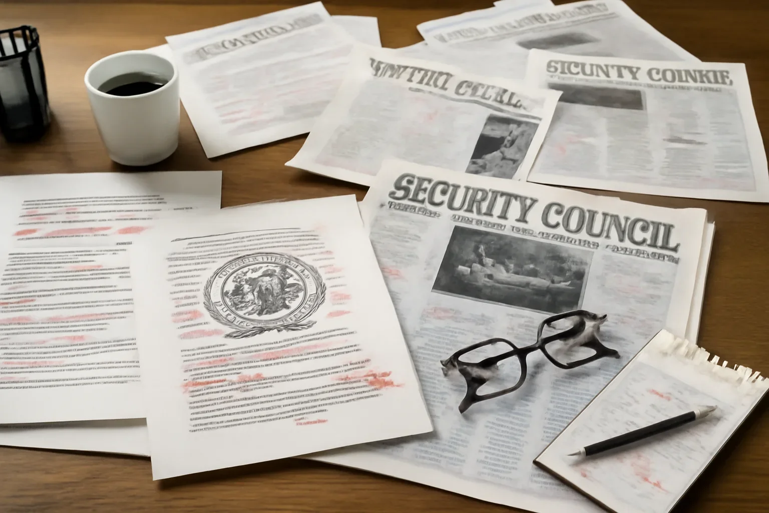 Editorial workspace with annotated documents and newspapers prepared for un security council integration