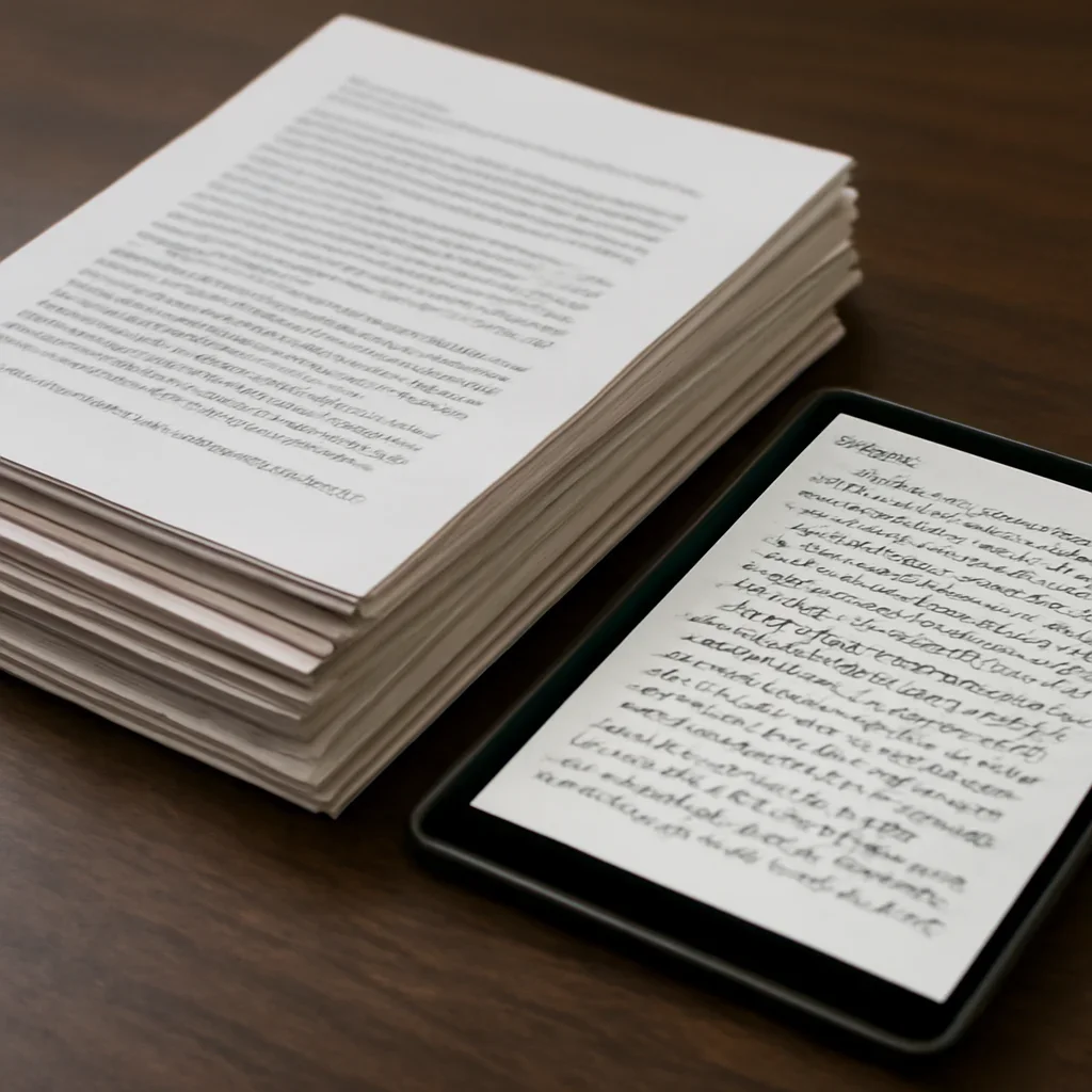 Stack of printed briefings and a tablet displaying archival notes for latest war crimes reporting and analysis