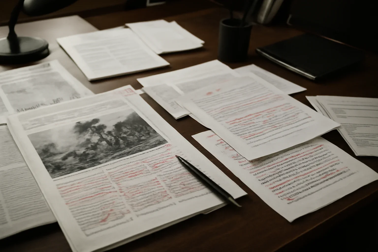Editorial workspace with annotated documents and newspapers prepared for latest war crimes reporting and analysis