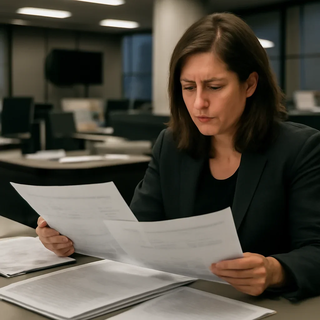 Reporter reviewing source material and timeline notes related to latest war crimes reporting and analysis