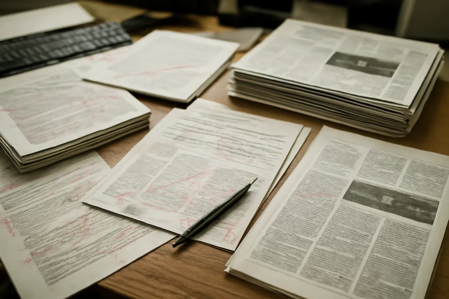 Editorial workspace with annotated documents and newspapers prepared for email briefings and weekly accountability roundup signup