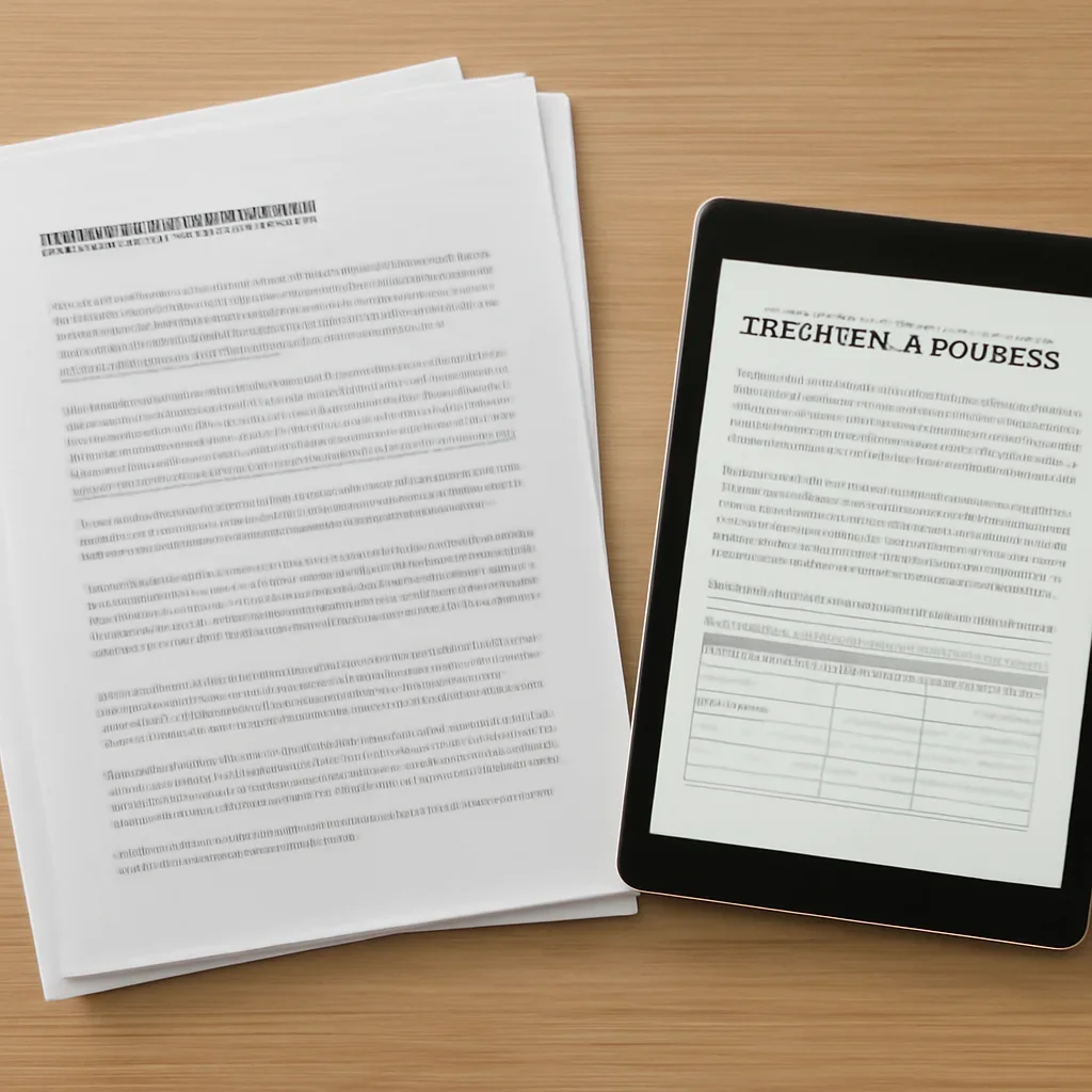 Stack of printed briefings and a tablet displaying archival notes for membership & pricing
