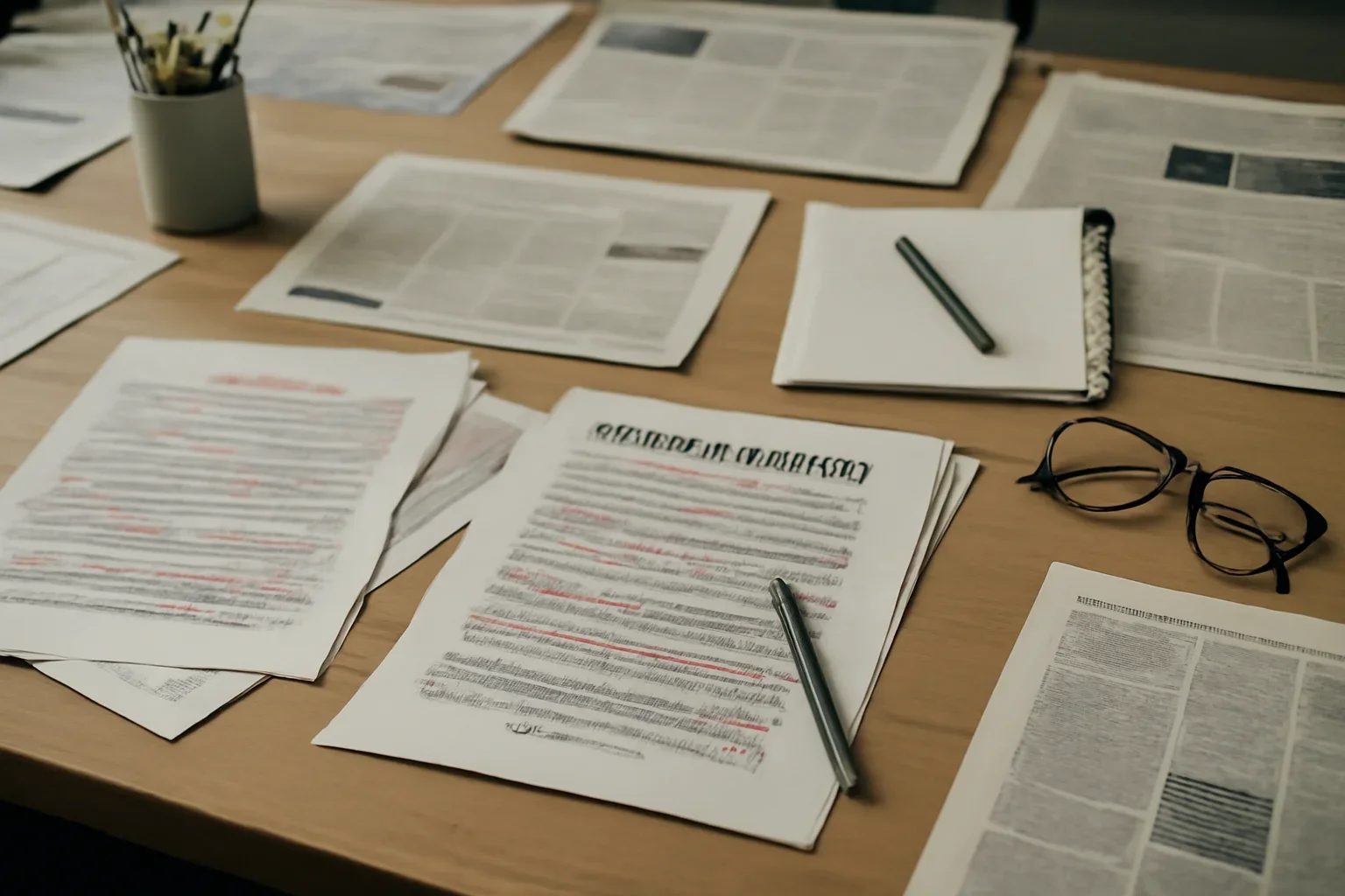 Editorial workspace with annotated documents and newspapers prepared for privacy policy