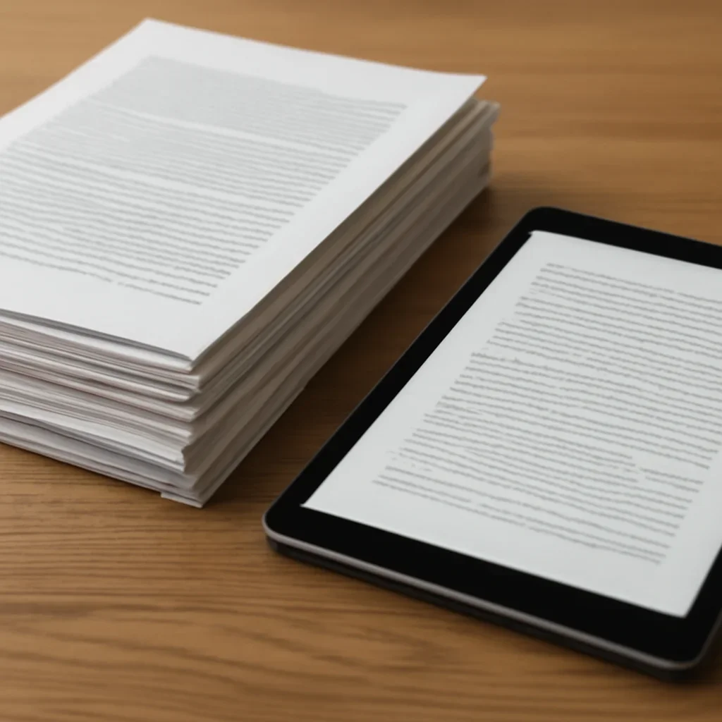 Stack of printed briefings and a tablet displaying archival notes for rome statute