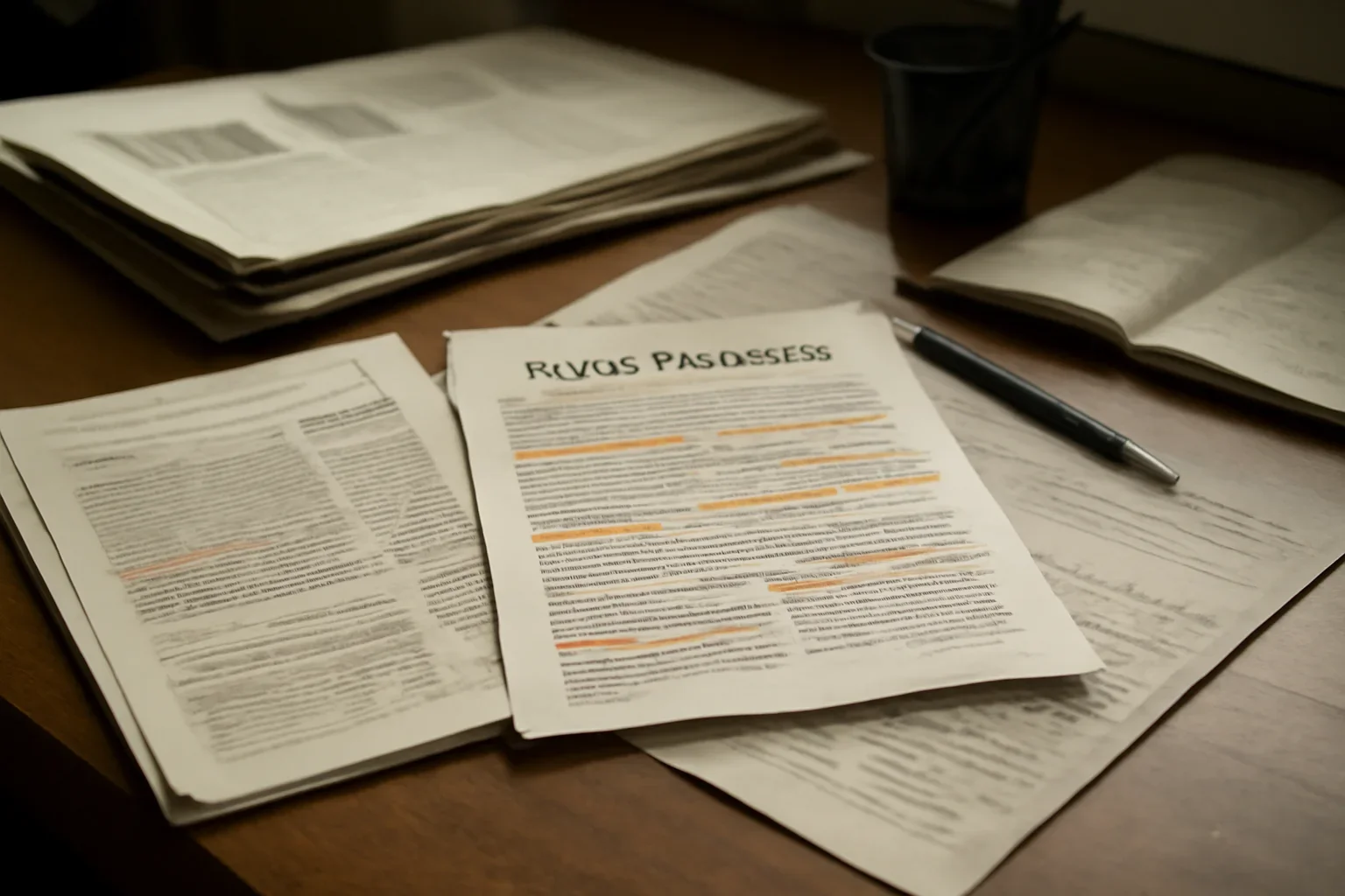 Editorial workspace with annotated documents and newspapers prepared for rome statute