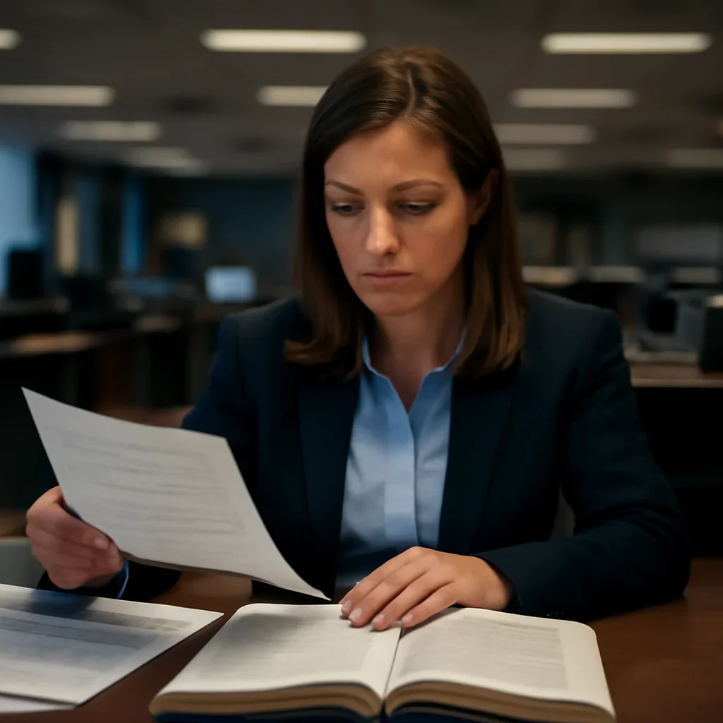 Reporter reviewing source material and timeline notes related to rome statute