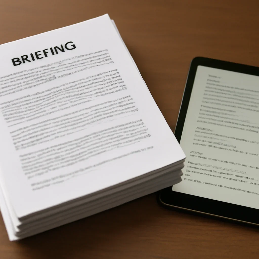 Stack of printed briefings and a tablet displaying archival notes for use cases for journalists, researchers, educators, and policy teams