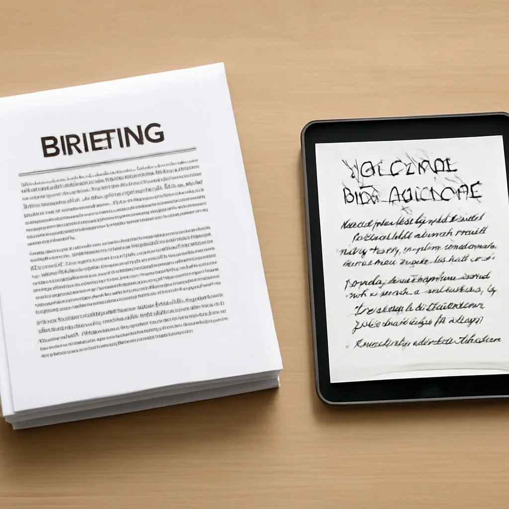 Stack of printed briefings and a tablet displaying archival notes for solutions for educators