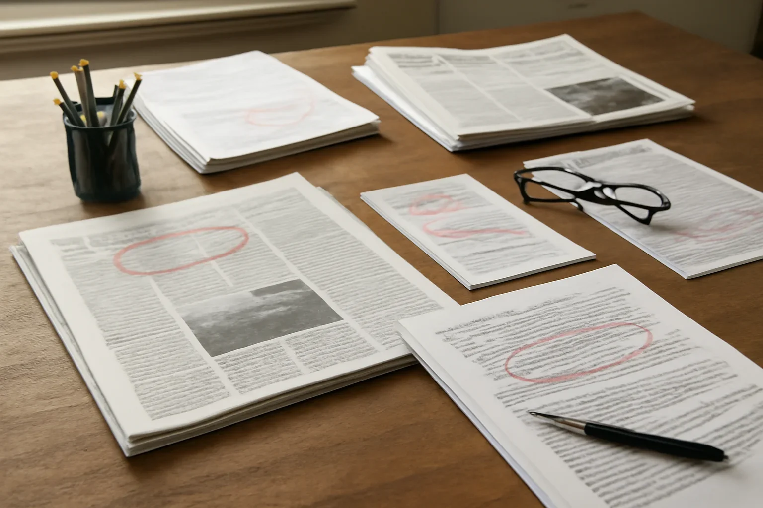 Editorial workspace with annotated documents and newspapers prepared for solutions for educators