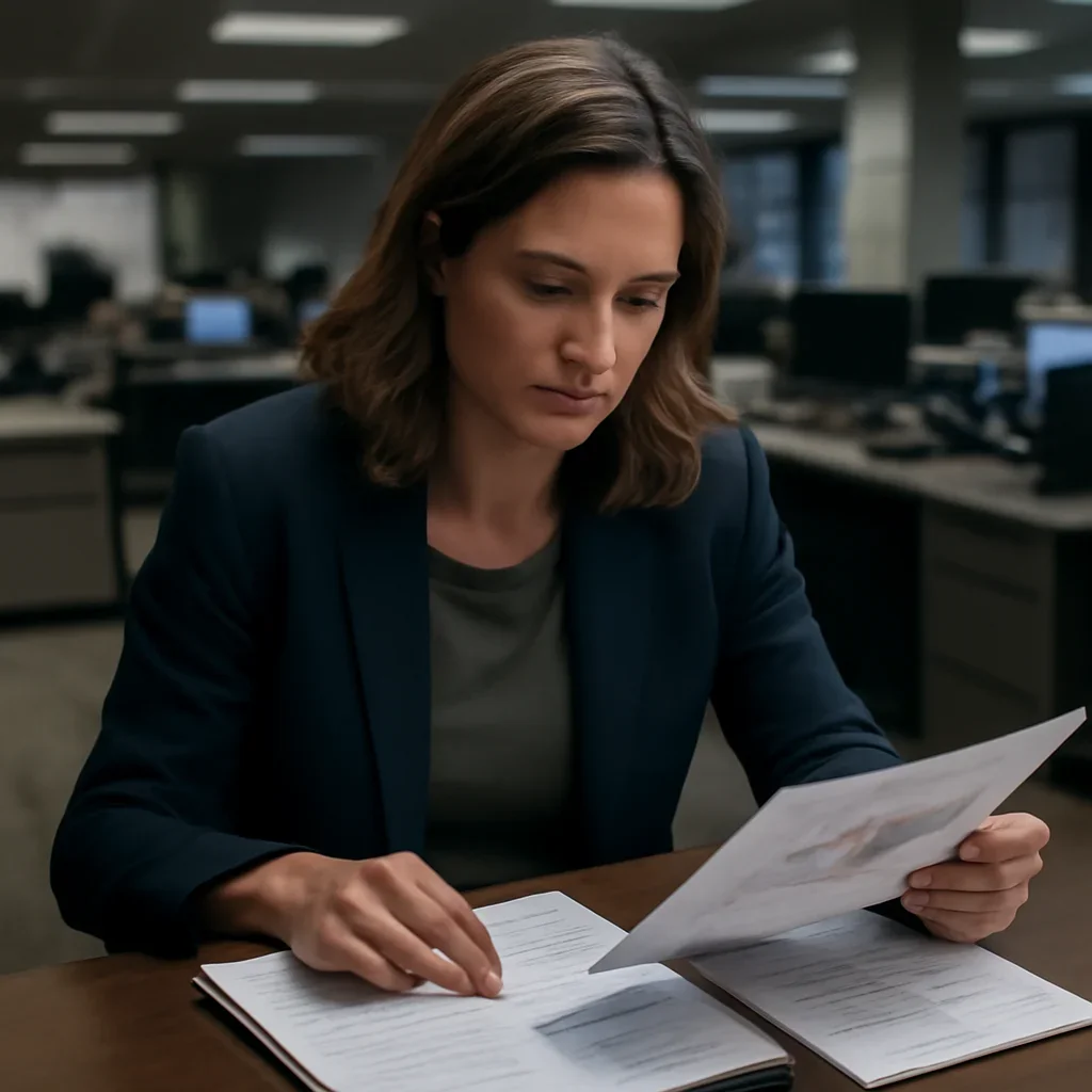 Reporter reviewing source material and timeline notes related to solutions for educators