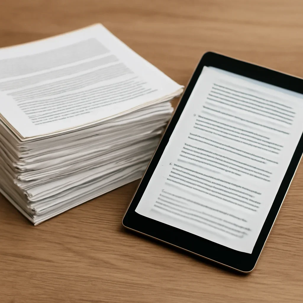 Stack of printed briefings and a tablet displaying archival notes for solutions for journalists