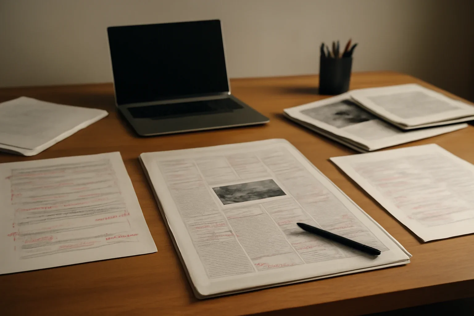 Editorial workspace with annotated documents and newspapers prepared for solutions for journalists