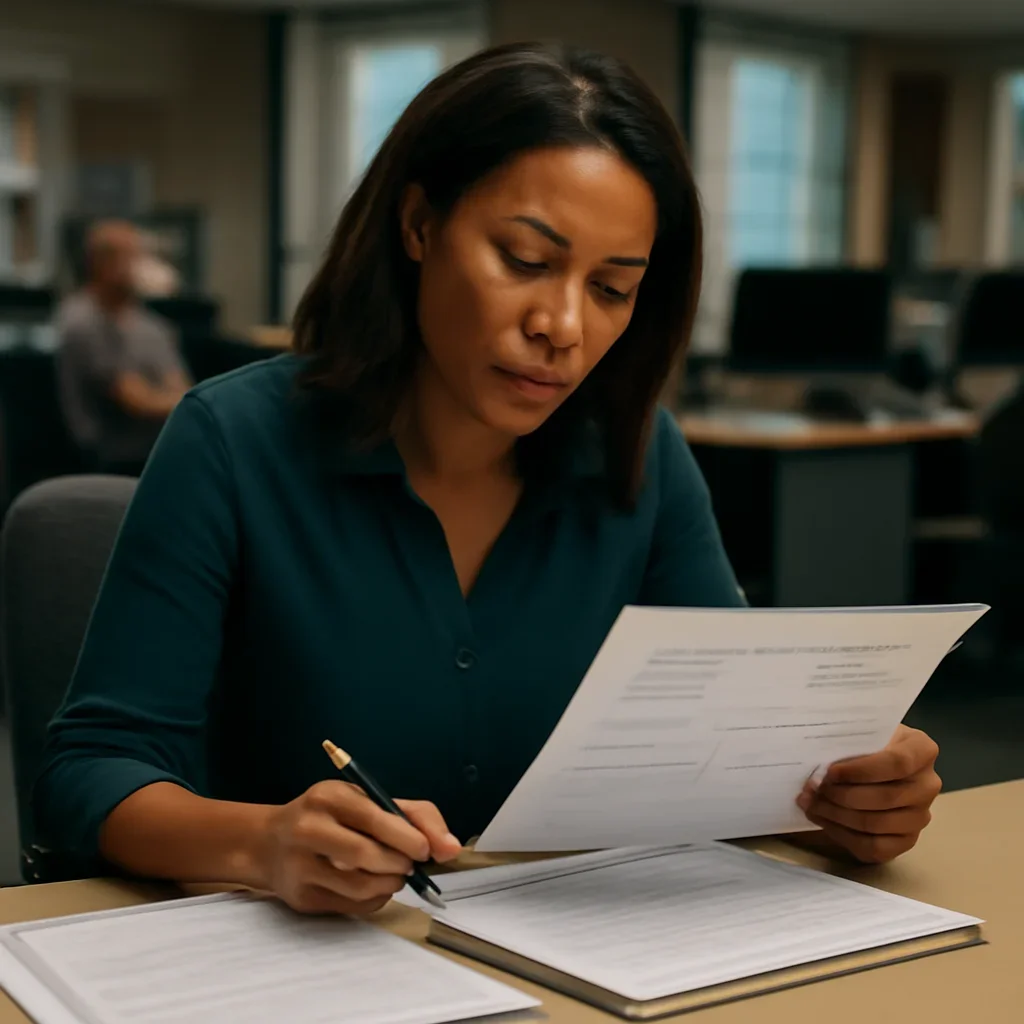 Reporter reviewing source material and timeline notes related to solutions for journalists