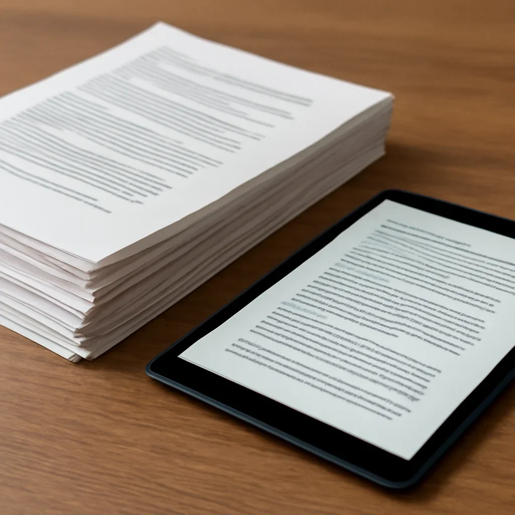 Stack of printed briefings and a tablet displaying archival notes for solutions for policy teams