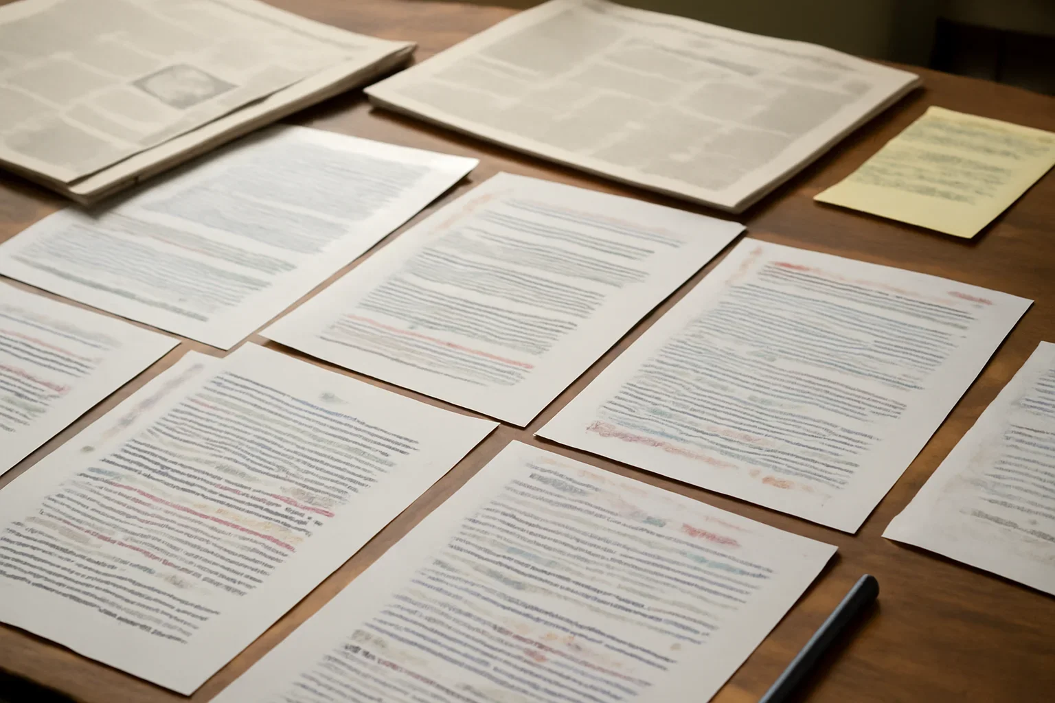 Editorial workspace with annotated documents and newspapers prepared for solutions for policy teams