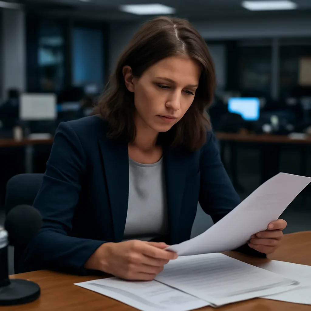 Reporter reviewing source material and timeline notes related to solutions for policy teams