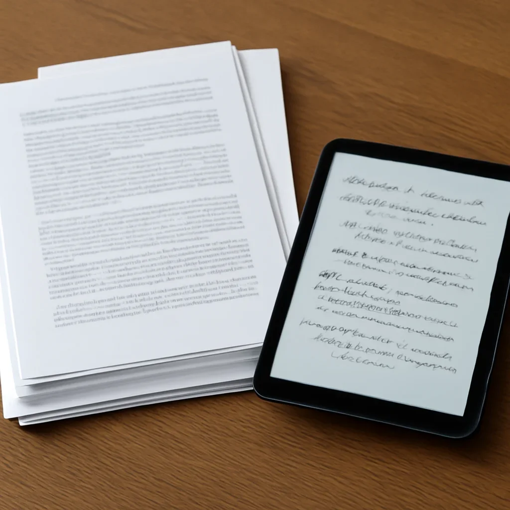 Stack of printed briefings and a tablet displaying archival notes for solutions for researchers