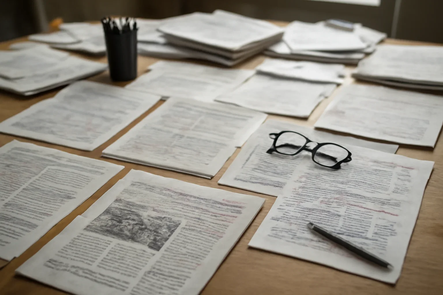 Editorial workspace with annotated documents and newspapers prepared for solutions for researchers