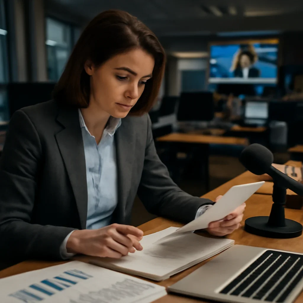 Reporter reviewing source material and timeline notes related to solutions for researchers