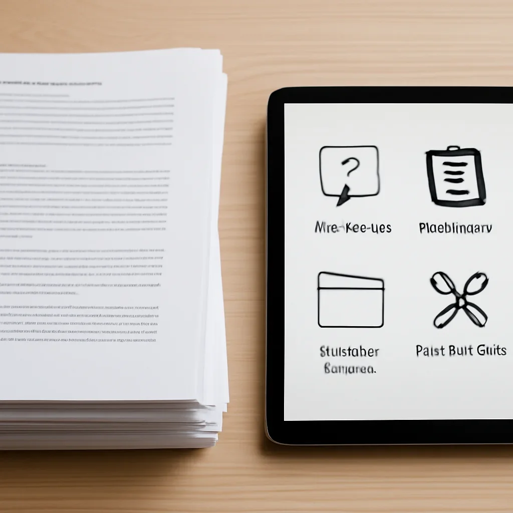 Stack of printed briefings and a tablet displaying archival notes for help center, subscriptions, archive access, and troubleshooting