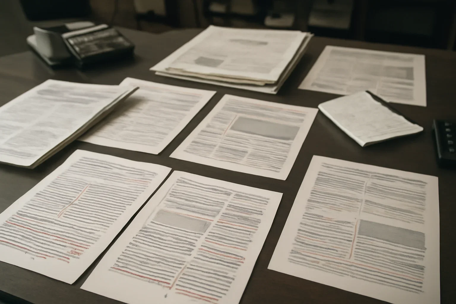 Editorial workspace with annotated documents and newspapers prepared for help center, subscriptions, archive access, and troubleshooting